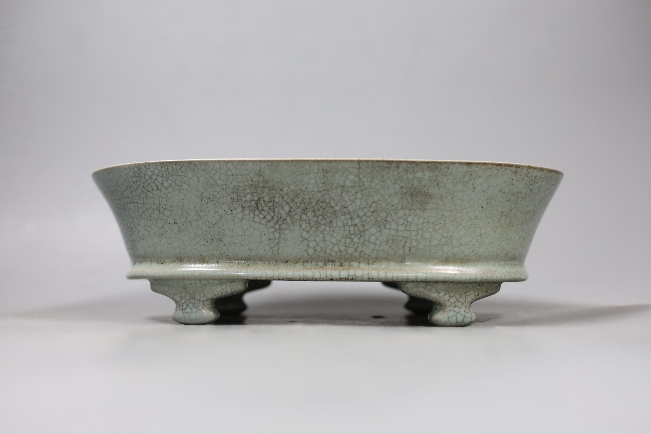 A Chinese Guan type ceramic crackle glaze narcissus bowl. 24cm wide, cracked